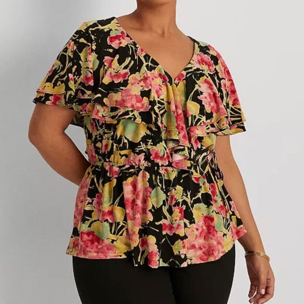 Lauren Ralph Lauren Floral Ruffle Trim Surplice Jersey Top Women XL Wrap Stretch